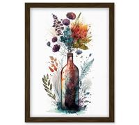 Artery8 Wine Bottle with Wildflower Floral Spring Bouquet Artwork Framed Wall Art Print A4