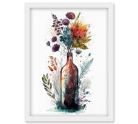 Artery8 Wine Bottle with Wildflower Floral Spring Bouquet Artwork Framed Wall Art Print A4 in White Artery8 White