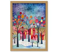 Winter Abstract Village Folk Art Artwork Framed Wall Art Print A4 Artery8 Light Oak One Size