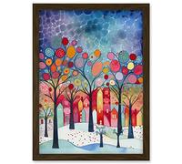 Artery8 Winter Abstract Village Folk Art Artwork Framed Wall Art Print A4 in Brown Artery8 Brown