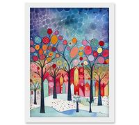 Artery8 Winter Abstract Village Folk Art Artwork Framed Wall Art Print A4