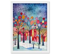 Winter Abstract Village Folk Art Artwork Framed Wall Art Print A4 Artery8 White One Size