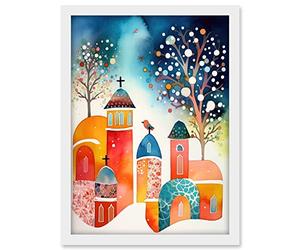 Artery8 Winter Churchyard Snowfall Trees Folk Art Artwork Framed A3 Wall Art Print
