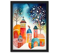Artery8 Winter Churchyard Snowfall Trees Folk Art Artwork Framed Wall Art Print A4