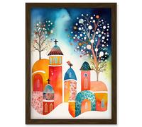 Winter Churchyard Snowfall Trees Folk Art Artwork Framed Wall Art Print A4 Artery8 Brown One Size