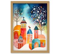 Winter Churchyard Snowfall Trees Folk Art Artwork Framed Wall Art Print A4 Artery8 Light Oak One Size