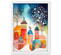 Winter Churchyard Snowfall Trees Folk Art Artwork Framed Wall Art Print A4 Artery8 White One Size