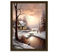 Artery8 Winter Cottage Landscape Oil Painting Snow Lake Sunset Snowy Trees Artwork Framed A3 Wall Art Print