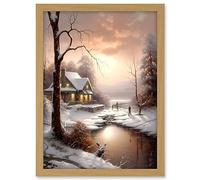 Artery8 Winter Cottage Landscape Oil Painting Snow Lake Sunset Snowy Trees Artwork Framed A3 Wall Art Print