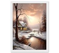 Artery8 Winter Cottage Landscape Oil Painting Snow Lake Sunset Snowy Trees Artwork Framed A3 Wall Art Print