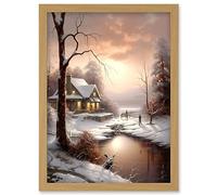 Artery8 Winter Cottage Landscape Oil Painting Snow Lake Sunset Snowy Trees Artwork Framed Wall Art Print A4
