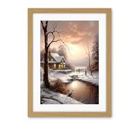 Artery8 Winter Cottage Landscape Oil Painting Snow Lake Sunset Snowy Trees Artwork Framed Wall Art Print 18X24 Inch