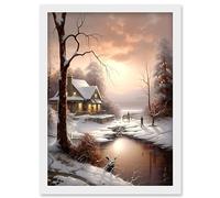 Artery8 Winter Cottage Landscape Oil Painting Snow Lake Sunset Snowy Trees Artwork Framed Wall Art Print A4