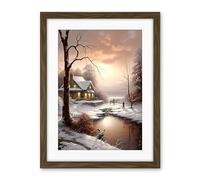 Artery8 Winter Cottage Landscape Oil Painting Snow Lake Sunset Snowy Trees Artwork Framed Wall Art Print 18X24 Inch