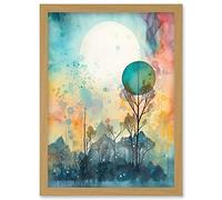 Artery8 Winter Forest Landscape Dreamland Partial Sun Eclipse & Snowfall over Trees Modern Watercolour Artwork Framed Wall Art Print A4 in Light Oak Artery8 Light Oak