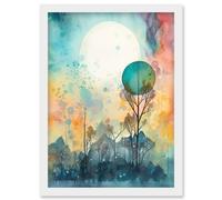 Winter Forest Landscape Dreamland Partial Sun Eclipse and Snowfall over Trees Modern Watercolour Artwork Framed Wall Art Print A4 Artery8 White One Size