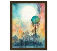 Winter Forest Landscape Dreamland Partial Sun Eclipse and Snowfall over Trees Modern Watercolour Artwork Framed Wall Art Print A4 Artery8 Brown One Size