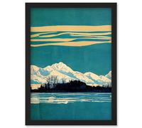 Artery8 Winter Lakeside Landscape With Snowy Mountains Duotone Teal Artwork Framed Wall Art Print A4 in Black Artery8 Black