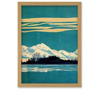 Artery8 Winter Lakeside Landscape With Snowy Mountains Duotone Teal Artwork Framed Wall Art Print A4 in Light Oak Artery8 Light Oak