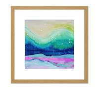 Artery8 Winter Landscape With Aurora Borealis Abstract Watercolour Painting Square Wooden Framed Wall Art Print Picture 8X8 Inch in Light Oak Artery8 Light Oak