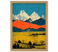 Artery8 Winter Mountains Landscape Modern Papercut Blue Orange Mustard Artwork Framed Wall Art Print A4 in Light Oak Artery8 Light Oak