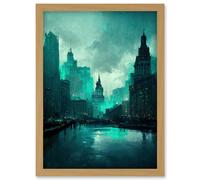 Artery8 Winter Teal New York Hudson River Cityscape Artwork Framed Wall Art Print A4 in Light Oak Artery8 Light Oak