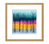 Artery8 Winter Trees At Sunset Watercolour Forest Colourful Pastel Silhouette Painting Square Wooden Framed Wall Art Print Picture 8X8 Inch Artery8 Light Oak