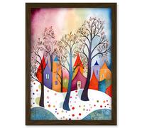 Winter Whimsy Forest Village Folk Art Artwork Framed Wall Art Print A4 Artery8 Brown One Size