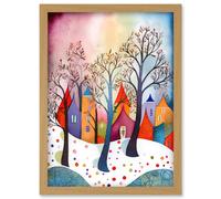 Winter Whimsy Forest Village Folk Art Artwork Framed Wall Art Print A4 Artery8 Light Oak One Size