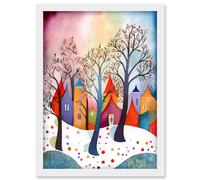 Winter Whimsy Forest Village Folk Art Artwork Framed Wall Art Print A4 Artery8 White One Size