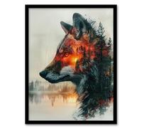 Artery8 Wolf Forest Sunset Nature Animal Lover Design For Living Room Artwork Framed Wall Art Print 18X24 Inch