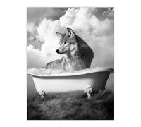 Artery8 Wolf in Bathtub Surreal Black White Bubble Bath Bathroom Toilet Extra Large XL Wall Art Poster Print