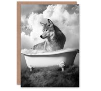 Artery8 Wolf in Bathtub Surreal Black White Bubble Bath Birthday Greeting Card in Grey Artery8 Grey
