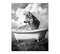 Artery8 Wolf in Bathtub Surreal Black White Bubble Bath Wall Art Print in Grey | Size: W24" x H32" Artery8 Grey W24" x H32"