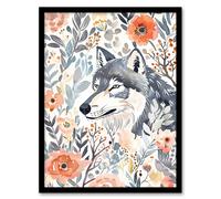 Artery8 Wolf and Wild Roses Floral Pastel Watercolour Living Room Artwork Framed Wall Art Print A4