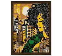 Artery8 Woman and Edinburgh Cityscape Yellow Green Linocut Artwork Framed A3 Wall Art Print