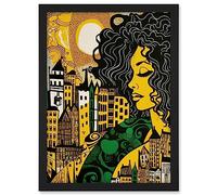 Artery8 Woman and Edinburgh Cityscape Yellow Green Linocut Artwork Framed A3 Wall Art Print