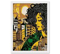 Artery8 Woman and Edinburgh Cityscape Yellow Green Linocut Artwork Framed A3 Wall Art Print