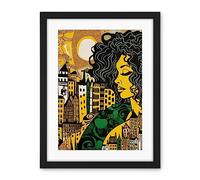 Artery8 Woman and Edinburgh Cityscape Yellow Green Linocut Artwork Framed Wall Art Print 18X24 Inch