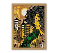 Artery8 Woman and Edinburgh Cityscape Yellow Green Linocut Artwork Framed Wall Art Print 18X24 Inch