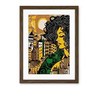 Artery8 Woman and Edinburgh Cityscape Yellow Green Linocut Artwork Framed Wall Art Print 18X24 Inch
