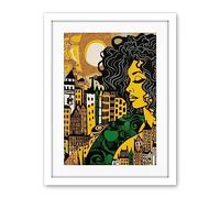 Artery8 Woman and Edinburgh Cityscape Yellow Green Linocut Artwork Framed Wall Art Print 18X24 Inch