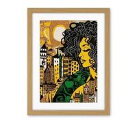 Artery8 Woman and Edinburgh Cityscape Yellow Green Linocut Artwork Framed Wall Art Print 18X24 Inch