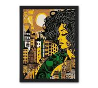 Artery8 Woman and Edinburgh Cityscape Yellow Green Linocut Artwork Framed Wall Art Print 18X24 Inch