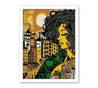 Artery8 Woman and Edinburgh Cityscape Yellow Green Linocut Artwork Framed Wall Art Print 18X24 Inch