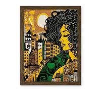 Artery8 Woman and Edinburgh Cityscape Yellow Green Linocut Artwork Framed Wall Art Print 18X24 Inch