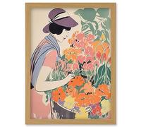 Artery8 Woman at the Flower Market Watercolour Spring Bouquet Danish Pastel Aesthetic Artwork Framed Wall Art Print A4