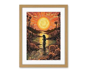 Artery8 Woman Bathing in Cr t Sunset Modern Linocut Artwork Framed Wall Art Print 18X24 Inch