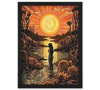 Artery8 Woman Bathing in Cr t Sunset Modern Linocut Artwork Framed Wall Art Print A4