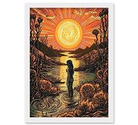 Artery8 Woman Bathing in Cr t Sunset Modern Linocut Artwork Framed Wall Art Print A4